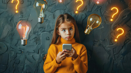 Girl staring at smartphone with wide eyes, flanked by glowing light bulbs and question marks, portraying a moment of surprise or confusion - obrazy, fototapety, plakaty