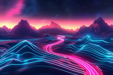 Synthwave style digital mountains and river - A neon-lit digital terrain with mountains and a flowing river in a synthwave style, showcasing vibrant pinks and blues