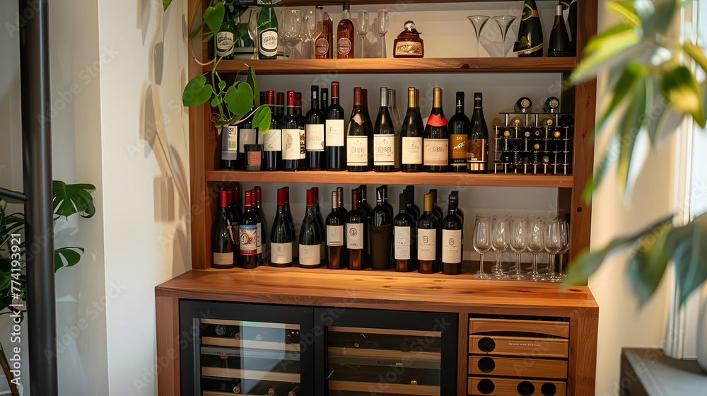 Wall mural a wooden cabinet with shelves for storing wine bottles stands in the home kitchen