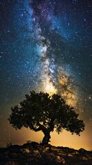 A lone tree stands against a starry night