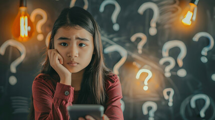 A girl looks concerned while using her phone set against a backdrop of question marks, suggesting puzzlement - obrazy, fototapety, plakaty