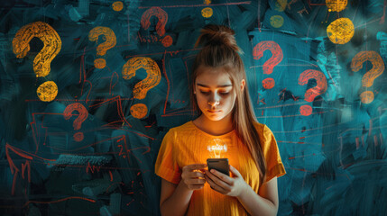 A concentrated girl uses her phone amidst a series of red question marks suggesting deep inquiry - obrazy, fototapety, plakaty