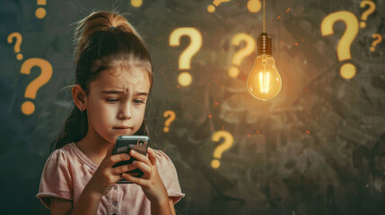 A girl with a worried expression uses her smartphone under orange-tinted lighting with question marks suggesting uncertainty or dilemma - obrazy, fototapety, plakaty