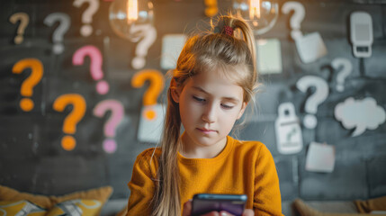 A young girl is engrossed in her smartphone with numerous question marks implying thoughts or queries - obrazy, fototapety, plakaty