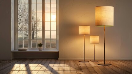 Craft an image of luminosity in a room where two lamps, one on a wooden floor and another with a shade, complement each other