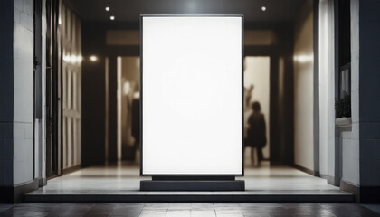 White screen isolated mockup, billboard on a shop entrance. Night shot. Dark blurred background. Blank space for your design. Illustration. - obrazy, fototapety, plakaty
