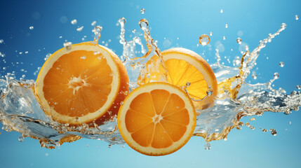 Morceaux de fruits, oranges sur un fond bleu avec éclaboussure d'eau. Fruit, sain, délicieux, sucré. Jus de fruit, dessert. Pour conception et création graphique.  - obrazy, fototapety, plakaty