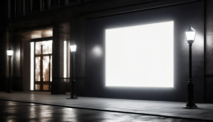 White screen isolated mockup, billboard on a shop entrance. Night shot. Dark blurred background. Blank space for your design. Illustration.