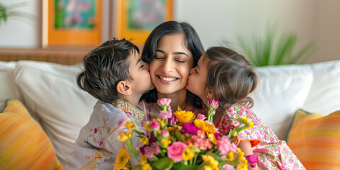 happy mothers day photo with happy indian mom with flowers gifted by her two children and kissing on cheeks from both sides