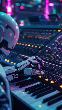 A futuristic robot's hand is seen playing a digital piano surrounded by stunning neon lights The image showcases an intersection of technology and music