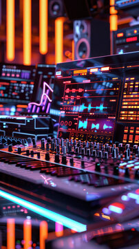 Detailed image of a cutting-edge DJ music mixer and vibrant digital screens used for electronic music production