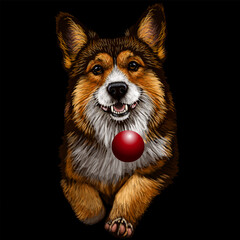 A Pembroke Welsh Corgi dog. A color, watercolor image of a dog running after a ball on a black background.  - 774194925