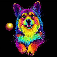 A Pembroke Welsh Corgi dog. Abstract, neon, color, watercolor image of a dog running after a ball. - 774194930