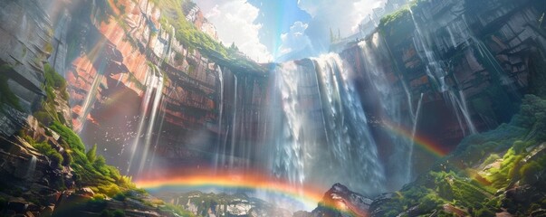 A rainbow arcs majestically over a cascading waterfall