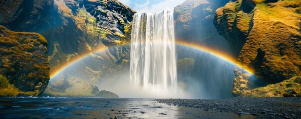 A rainbow arcs majestically over a cascading waterfall