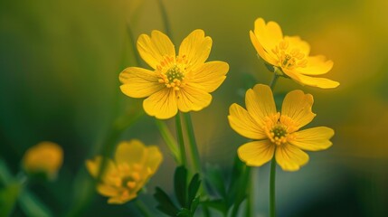 Fototapeta premium Yellow Flowers. Macro picture of very tiny yellow wild buttercups.