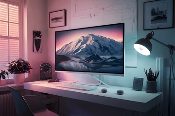 Sleek 3D rendering white monitor mounted on pristine wall