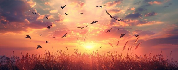 A serene moment as birds take flight at sunset - obrazy, fototapety, plakaty