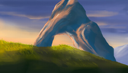 Rock arch with meadow and distant hill under sunset sky. Digital painting landscape background illustration