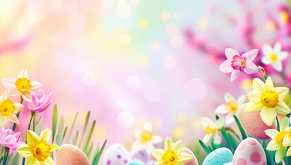 Happy Easter background with colorful eggs, flowers and copy space - 774195175