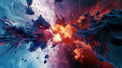 Abstract cosmic energy blue and red explosion - A visually captivating abstract representation of a cosmic explosion merging cool blue and deep red hues - obrazy, fototapety, plakaty