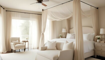 A serene bedroom retreat with a plush cream-colored bed adorned with crisp white linens and a canopy of sheer curtains billowing gently in the breeze.