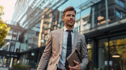 Fototapeta premium A businessman on the city streets goes to the office.