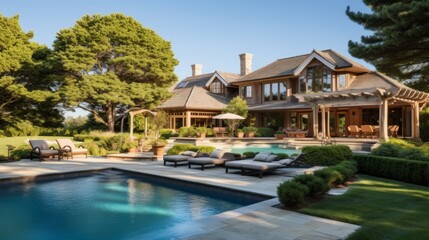 Fototapeta premium Mediterranean inspired villa with a sprawling garden and a private beach access in the exclusive Hamptons, New York