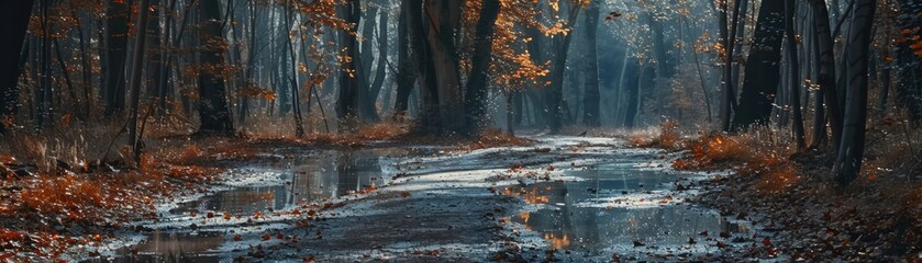 A serene path through an autumn forest - obrazy, fototapety, plakaty