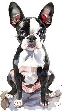 Adorable Whimsical Watercolor of Cute Boston Terrier Puppy Dog