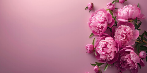 Beautiful pink peonies on a soft pink background with copy space for text or image, elegant floral composition