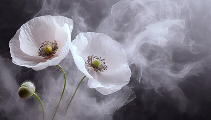 Białe kwiaty maki. Tapeta kwiatowa - obrazy, fototapety, plakaty
