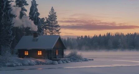 Rustic rural cabin beside a frozen lake, with smoke from the chimney blending into the snowy landscape, epitomizing winter solitude and warmth. - obrazy, fototapety, plakaty