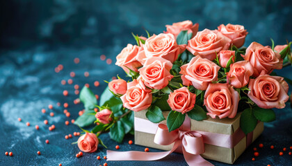 Beautiful bouquet of roses in gift box