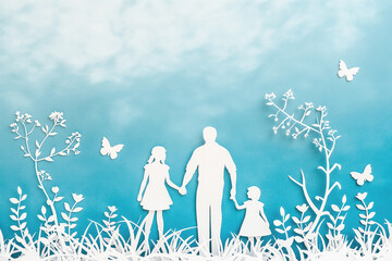 Paper cut of family on blue background - 774195995