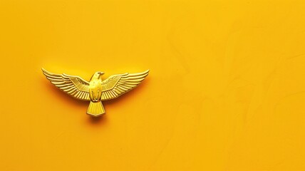 A golden eagle emblem with spread wings centered on a vivid yellow background - obrazy, fototapety, plakaty