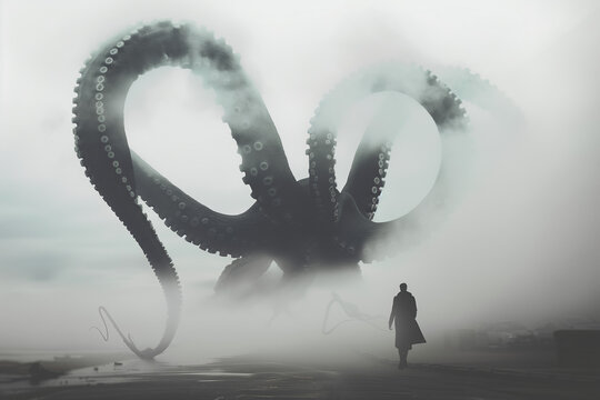 A giant octopus or kraken emerges with its tentacles from the fog in the city. The concept of an alien or giant creature attack from the depths. In the style of news photography from the scene.