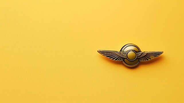 A pilot's wing pin on a yellow background