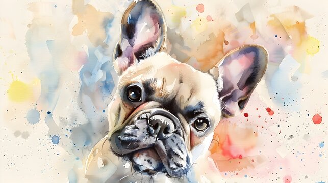 Cute and Whimsical French Bulldog Watercolor with Vibrant Splashed Background