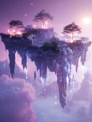 Suspended landmasses in a mystical twilight - Ethereal digital artwork showcasing floating landmasses under a twilight sky, creating a sense of wonder - obrazy, fototapety, plakaty