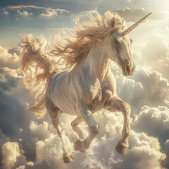 Majestic Unicorn Galloping Through Clouds - Ethereal image capturing a powerful, mythical unicorn ascending elegantly through a sky full of clouds