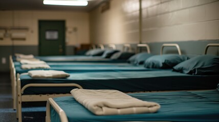 Row of empty beds with blue linens in a sterile room beige walls, suggesting dormitory, shelter, or barracks