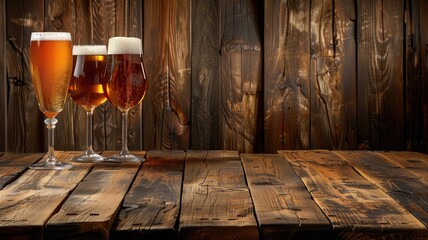 Three glasses of beer with varying foam levels on a wooden table against backdrop - obrazy, fototapety, plakaty