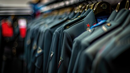 Fototapeta premium A row of military uniforms hanging on a rack, focused patch with star