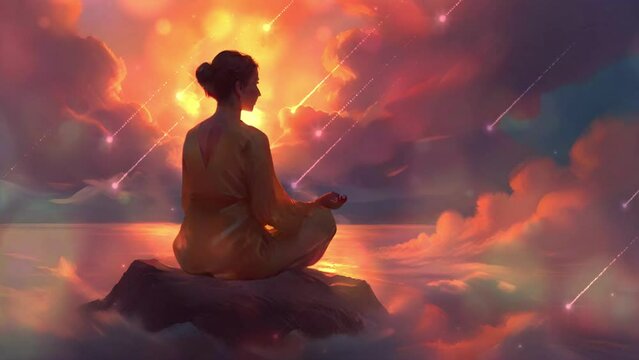A woman meditates above a sea of clouds, surrounded by golden light, and meteors fall, abstract digital painting videos.