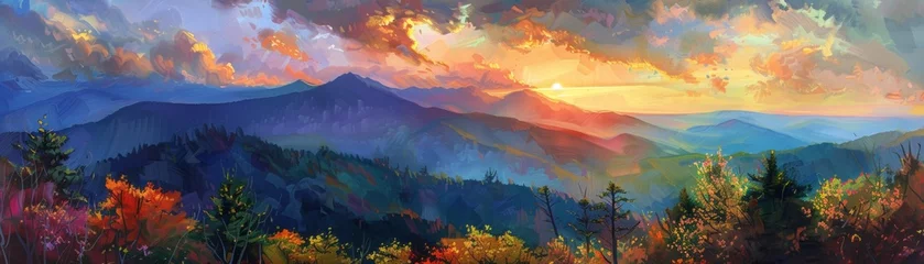 Fotobehang A vibrant display of evening colors as the sun sets behind a mountainous landscape. © WARIT_S