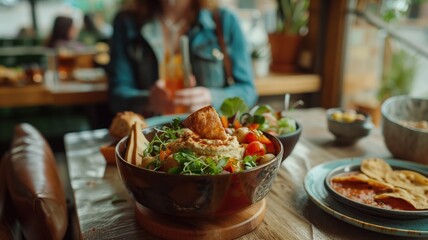 A close-up image of a colorful, healthy bowl meal enjoyed by person in casual dining setting