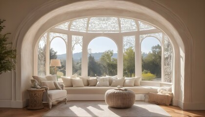 Soft morning light filtering through sheer curtains, illuminating the intricately carved details of a whitewashed round arch framing a cozy reading nook.