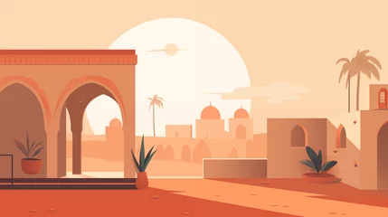 Küchenrückwand glas motiv Illustration flat design d'un riad au Maroc, dans le désert du Sahara. Habitation, architecture, paysage. Chaleur, douceur, calme. Pour conception et création graphique.  © FlyStun