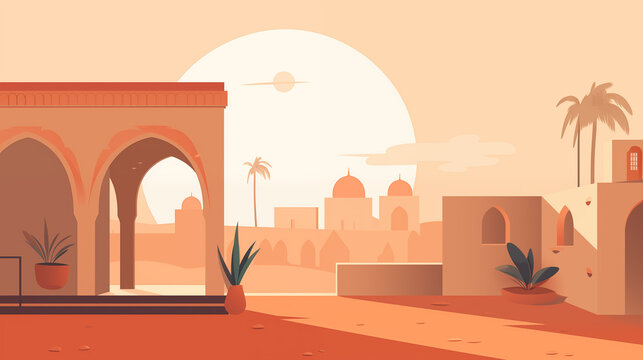 Illustration flat design d'un riad au Maroc, dans le désert du Sahara. Habitation, architecture, paysage. Chaleur, douceur, calme. Pour conception et création graphique. 